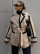 Aurohaya Elegant Wool Belted Coat with Pockets, Lapel Collar, Long Sleeves Casual Oversized Women’s Jacket for Autumn and Winter
